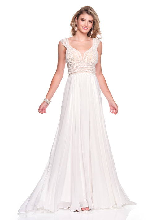 CHIFFON A-LINE BRIDAL DRESS WITH BEADED THICK STRAP ILLUSION BODICE