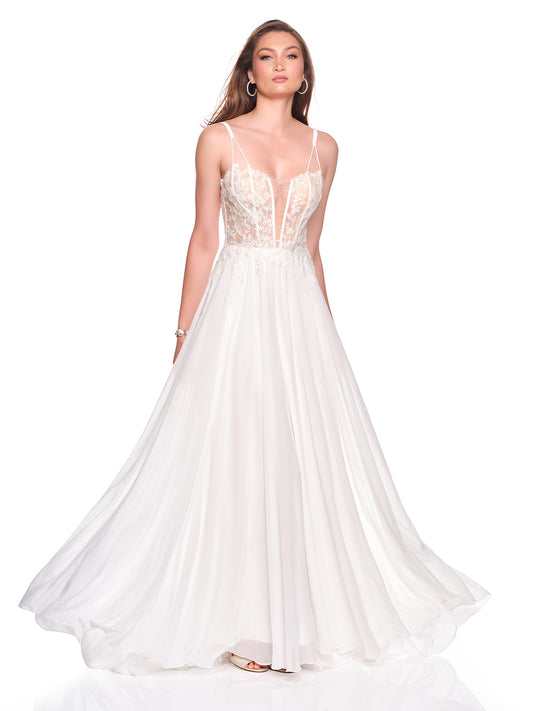 CHIFFON A-LINE BRIDAL GOWN WITH ILLUSION BEADED BODICE WITH TIE STRAPS