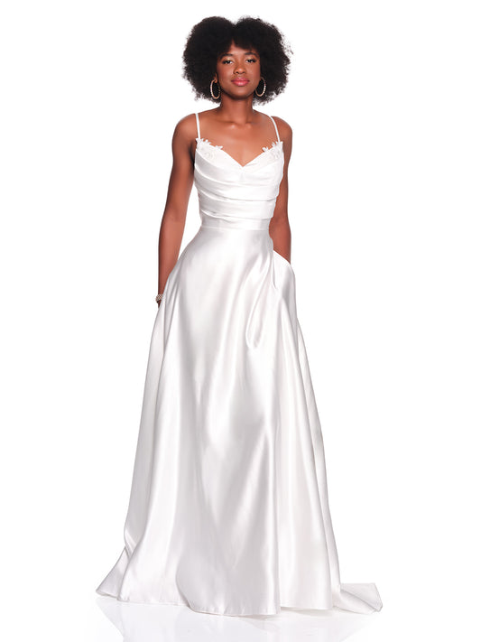 SATIN A-LINE BRIDAL GOWN WITH LACE INSET ON DRAPED BODICE