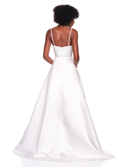 SATIN A-LINE BRIDAL GOWN WITH LACE INSET ON DRAPED BODICE