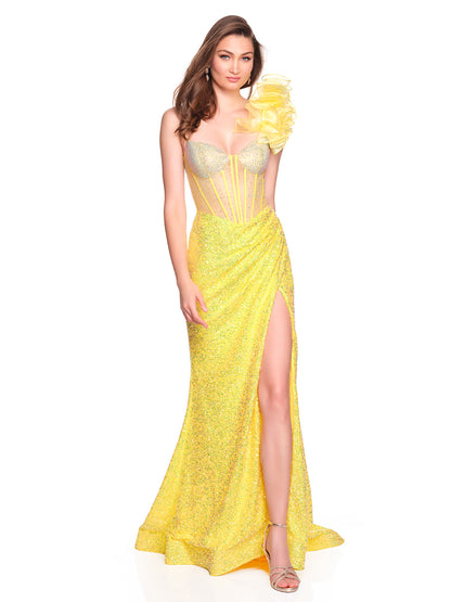 ONE SHOULDER FLORAL DETAIL GOWN WITH SCATTERED HOT STONES