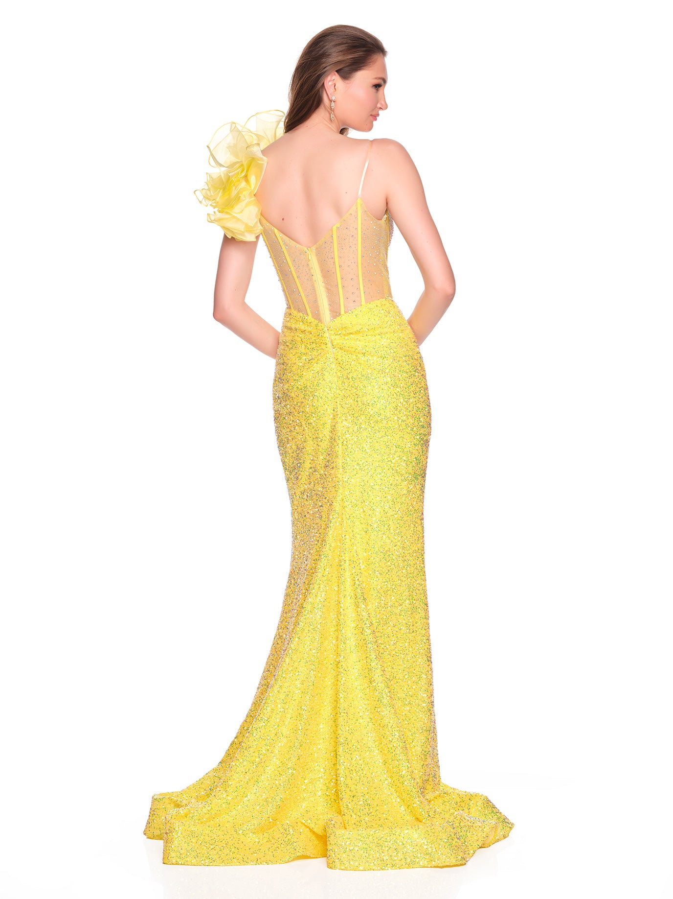 ONE SHOULDER FLORAL DETAIL GOWN WITH SCATTERED HOT STONES