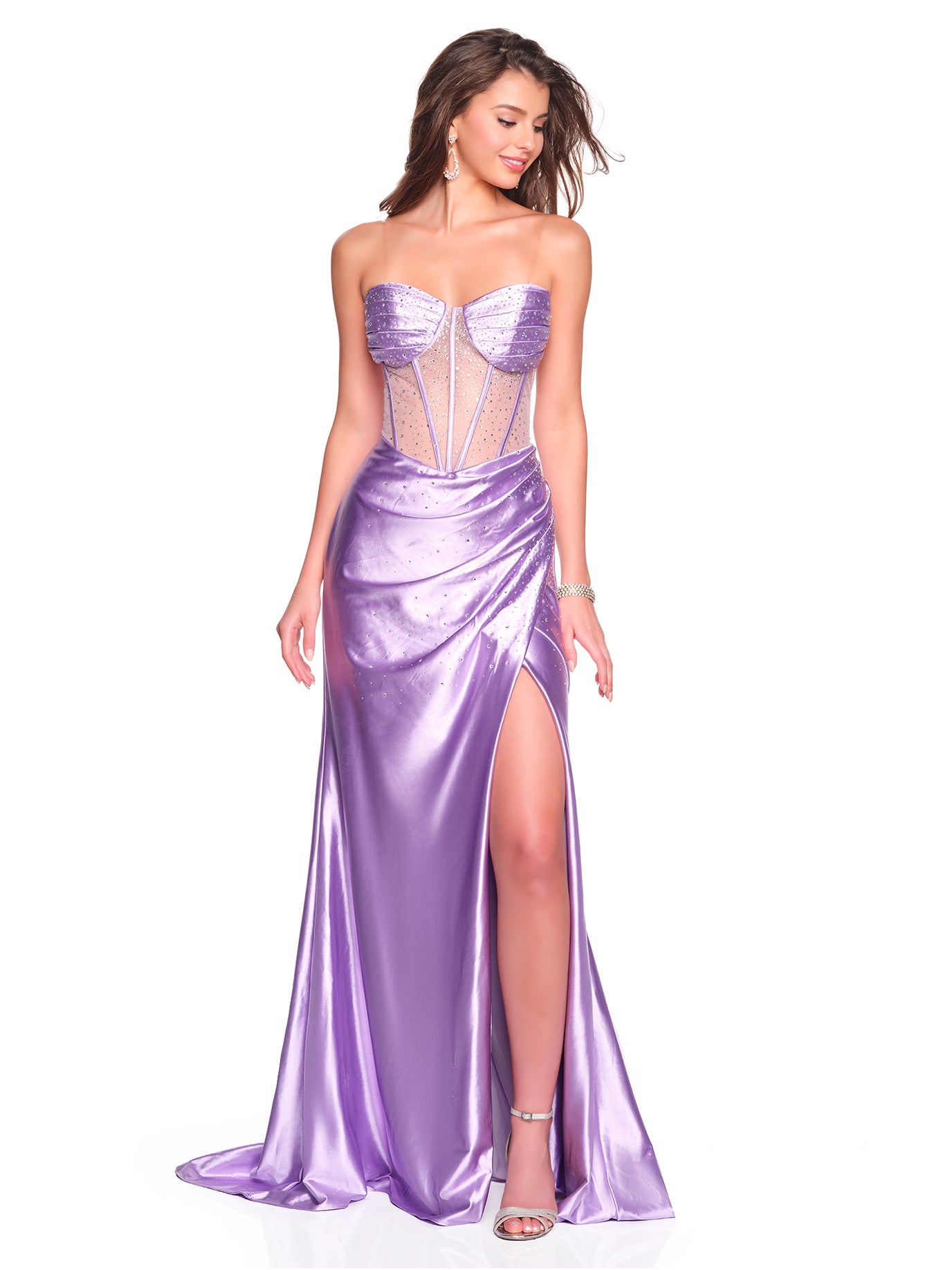 STRAPLESS ILLUSION BODICE DRESS WITH HOT STONE ACCENTS