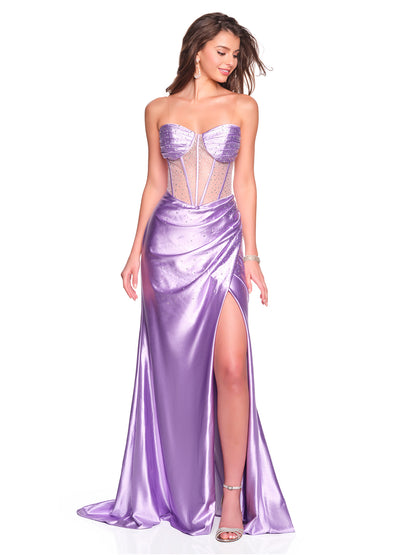STRAPLESS ILLUSION BODICE DRESS WITH HOT STONE ACCENTS