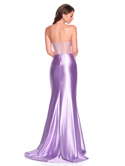 STRAPLESS ILLUSION BODICE DRESS WITH HOT STONE ACCENTS