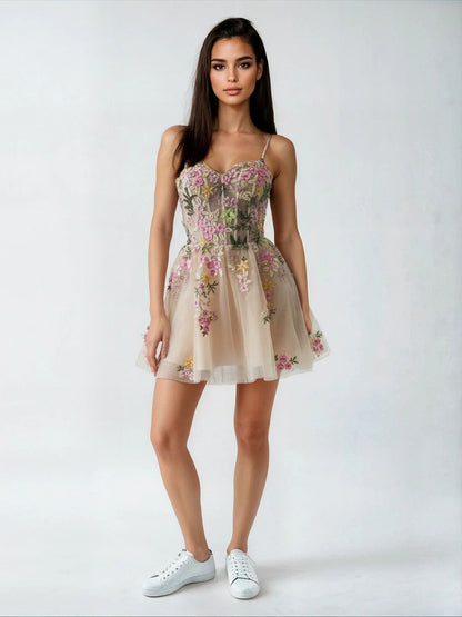 SPAGHETTI STRAP ALINE EMBROIDERED TULLE DRESS