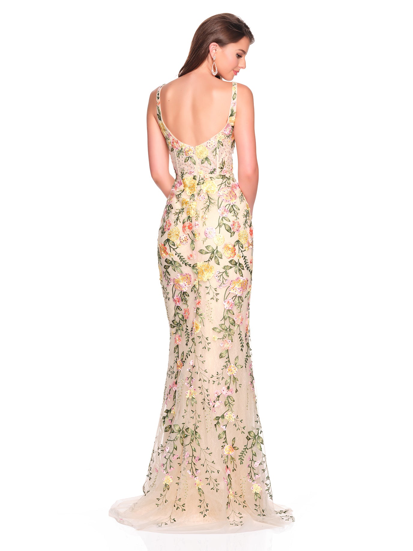 SQUARE NECK FITTED FLORAL EMBROIDERED GOWN