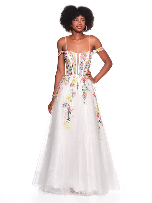 COLD SHOULDER FLORAL EMBROIDERED BALL GOWN