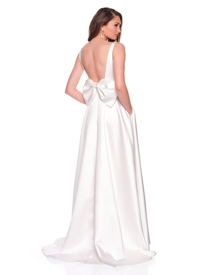 SATIN A-LINE BRIDAL GOWN WITH CROSSOVER FRONT SLIT AND BACK BOW DETAIL