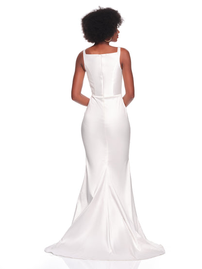 FITTED SATIN BRIDAL GOWN WITH ILLUSION CENTER INSET, SQUARE NECKLINE