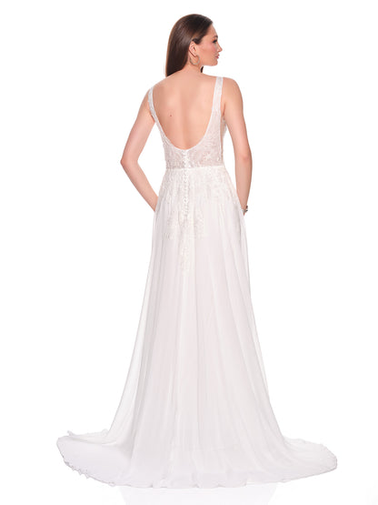 CHIFFON BRIDAL GOWN WITH FRONT SLIT AND DEEP V ILLUION BODICE