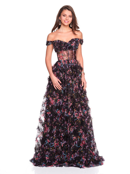 OFF THE SHOULDER RUFFLE PRINT GOWN