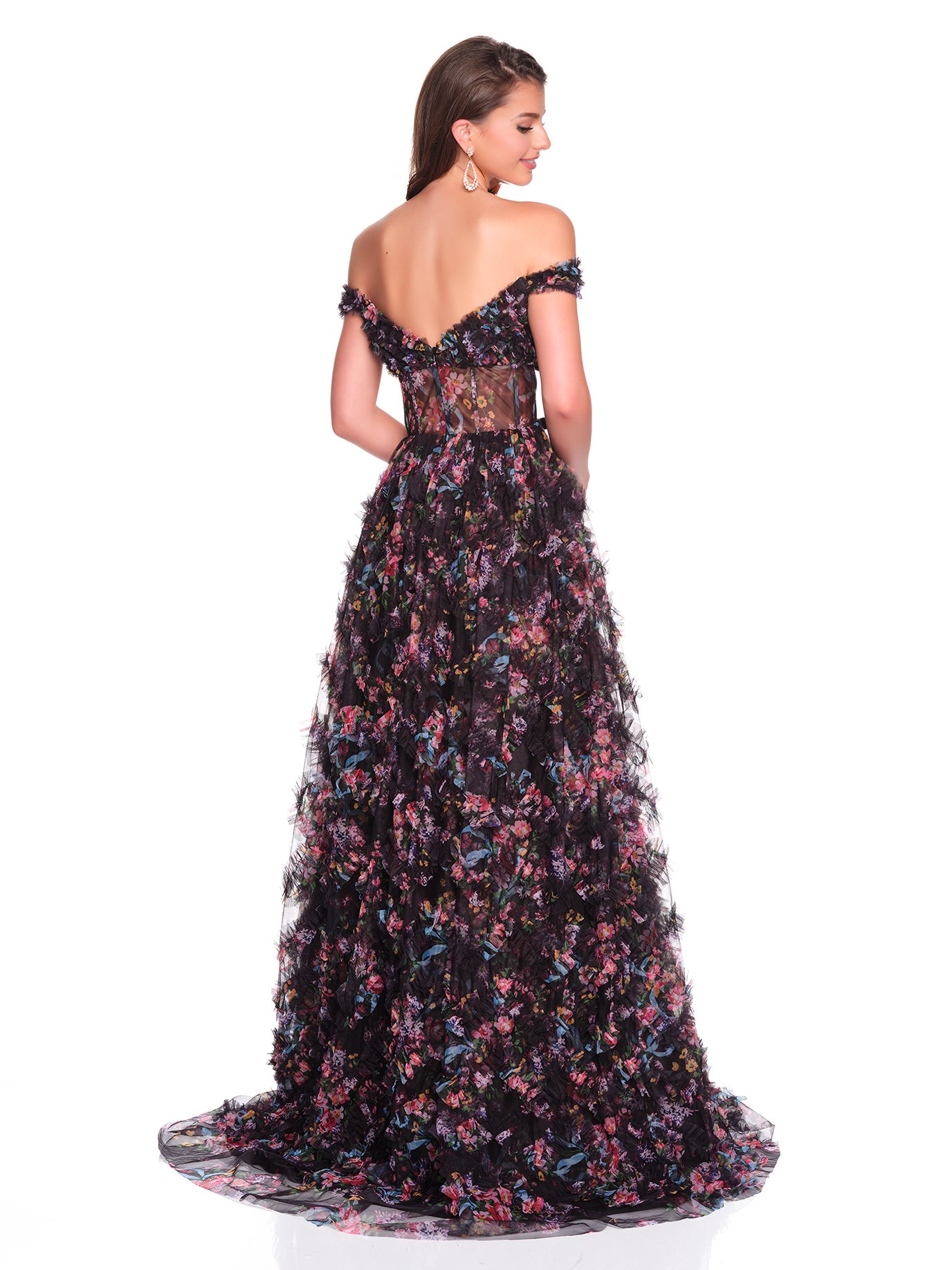 OFF THE SHOULDER RUFFLE PRINT GOWN