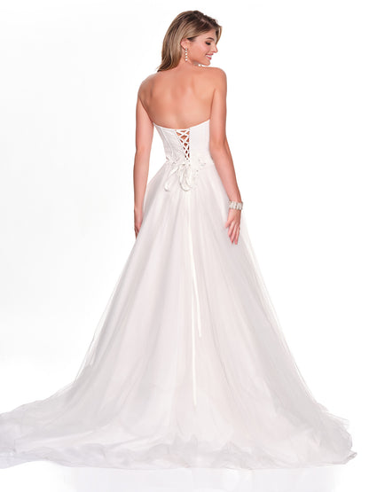 STRAPLESS TULLE BRIDAL GOWN WITH WITH CUT OUT ILLUSION BODICE AND APPLIQUE DETAIL