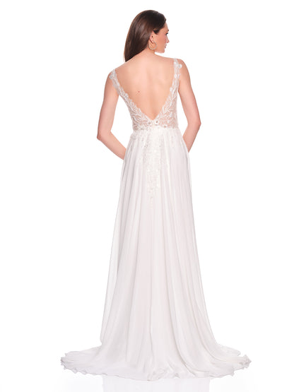 FLOWY CHIFFON BRIDAL GOWN WITH DEEP V NECKLINE AND BEADED ILLUSION BODICE