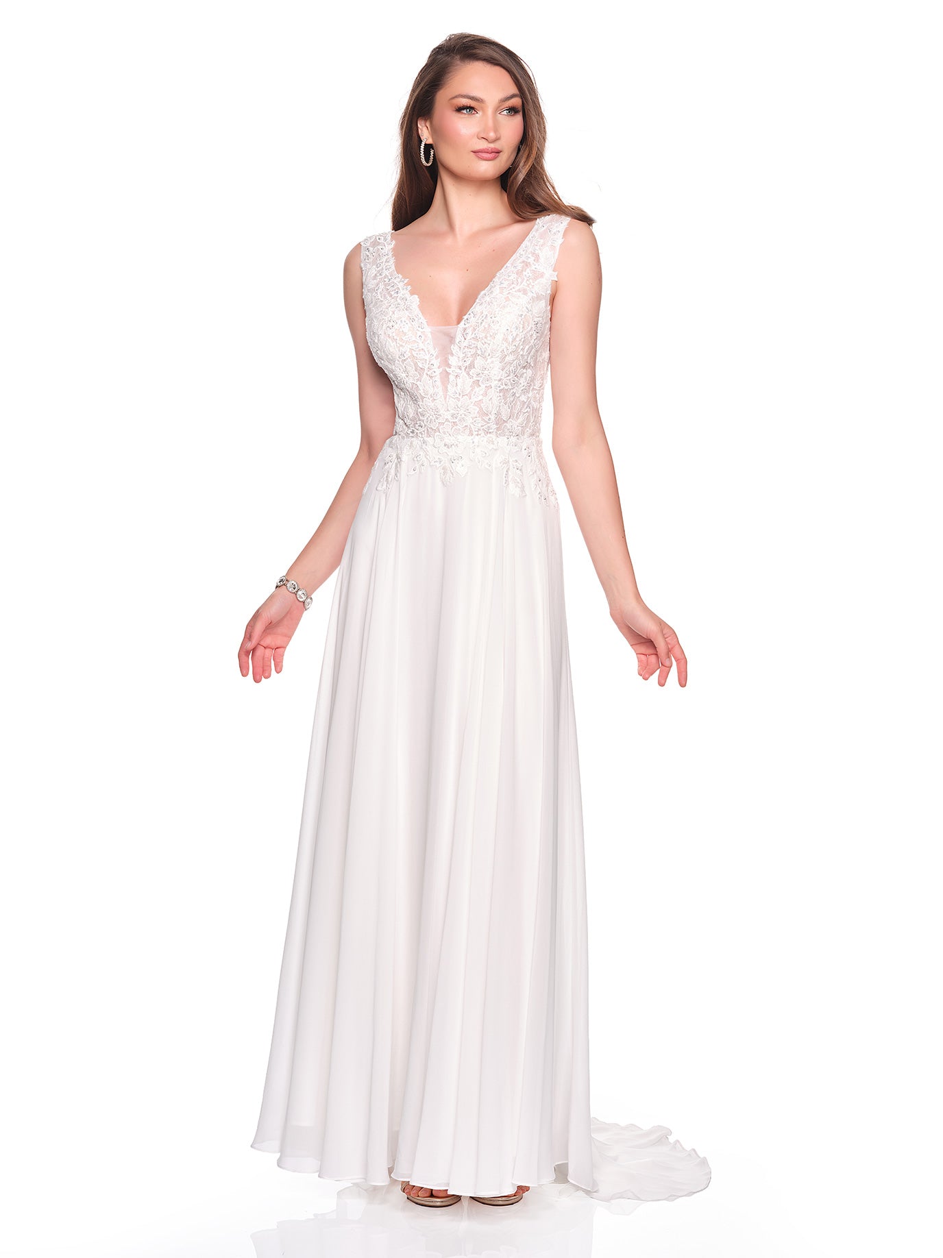FLOWY CHIFFON BRIDAL GOWN WITH DEEP V NECKLINE AND BEADED ILLUSION BOD Dave & Johnny FLOWY CHIFFON BRIDAL GOWN WITH DEEP V NECKLINE AND BEADED ILLUSION BOD Dave & Johnny