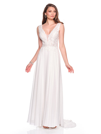 FLOWY CHIFFON BRIDAL GOWN WITH DEEP V NECKLINE AND BEADED ILLUSION BODICE