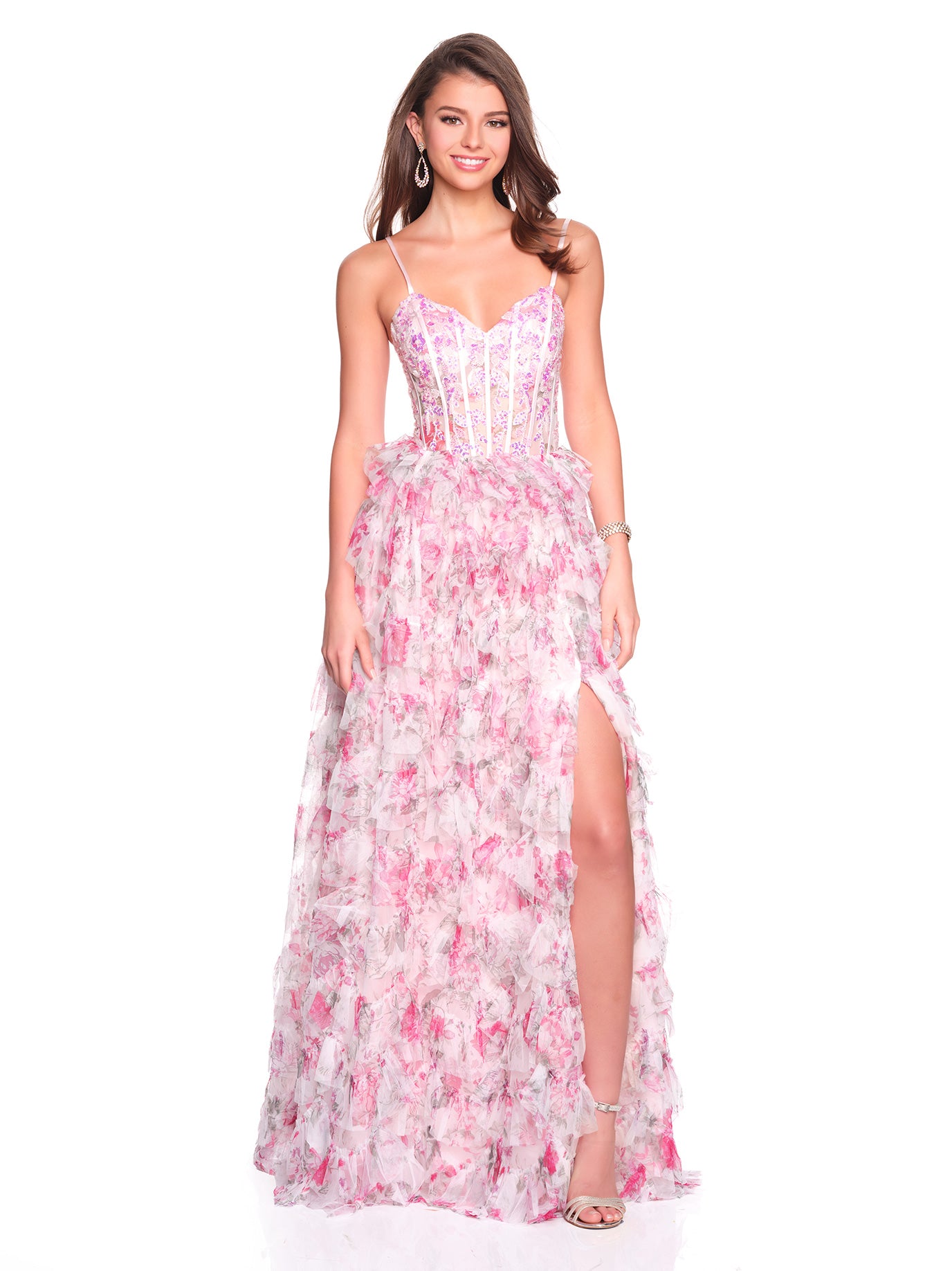 PRINTED TIERED RUFFLE GOWN