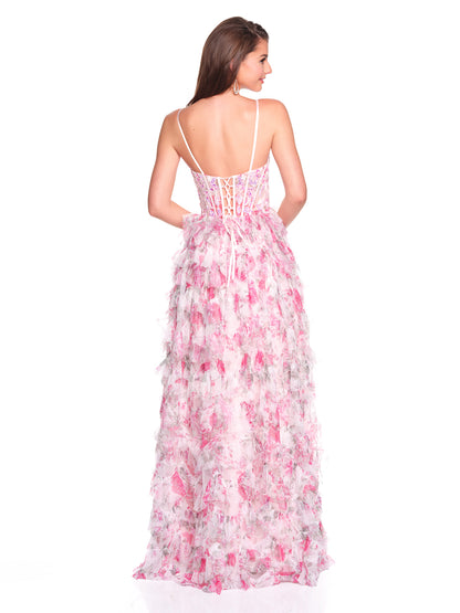 PRINTED TIERED RUFFLE GOWN