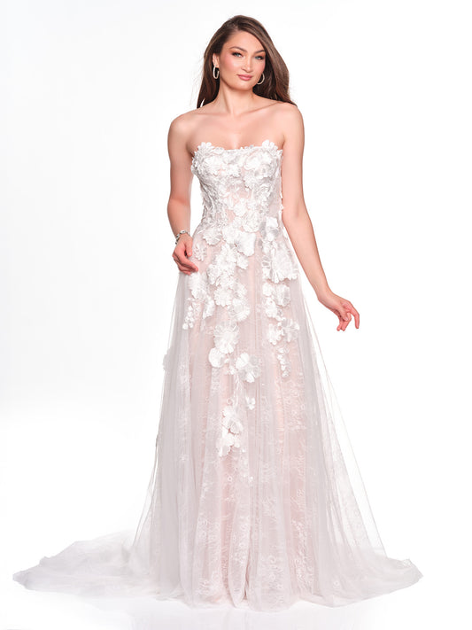 TULLE BRIDAL GOWN WITH 3D FLORAL MOTIF AND LACE UNDERSKIRT