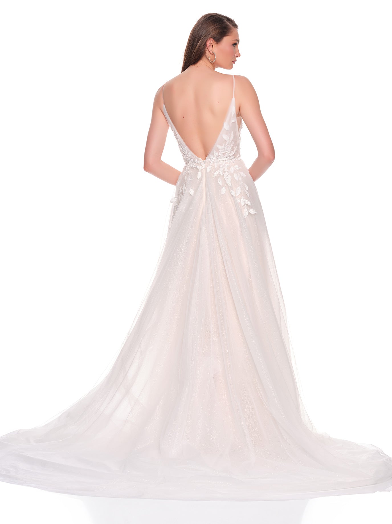 DEEP V BACK BRIDAL GOWN WITH LEAF APPLIQUES
