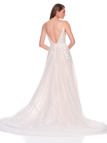 DEEP V BACK BRIDAL GOWN WITH LEAF APPLIQUES