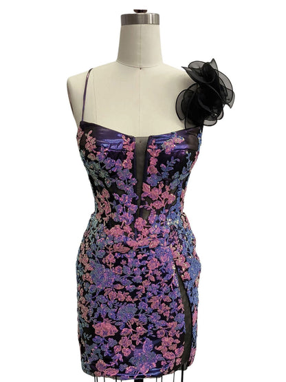 FITTED METALLIC DRESS WITH EMBROIDERY DETAIL AND RUFFLE STRAP