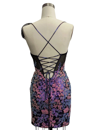 FITTED METALLIC DRESS WITH EMBROIDERY DETAIL AND RUFFLE STRAP