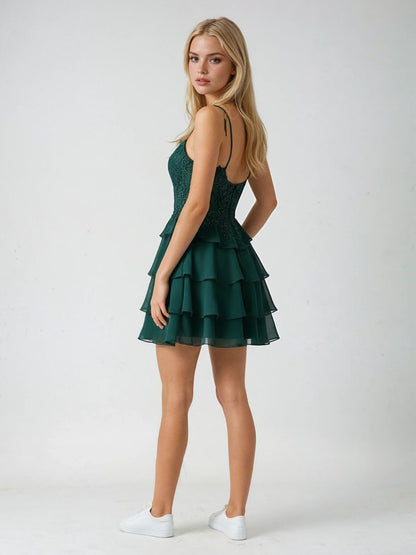 TIERED DRESS WITH ILLUSION BEADED BODICE