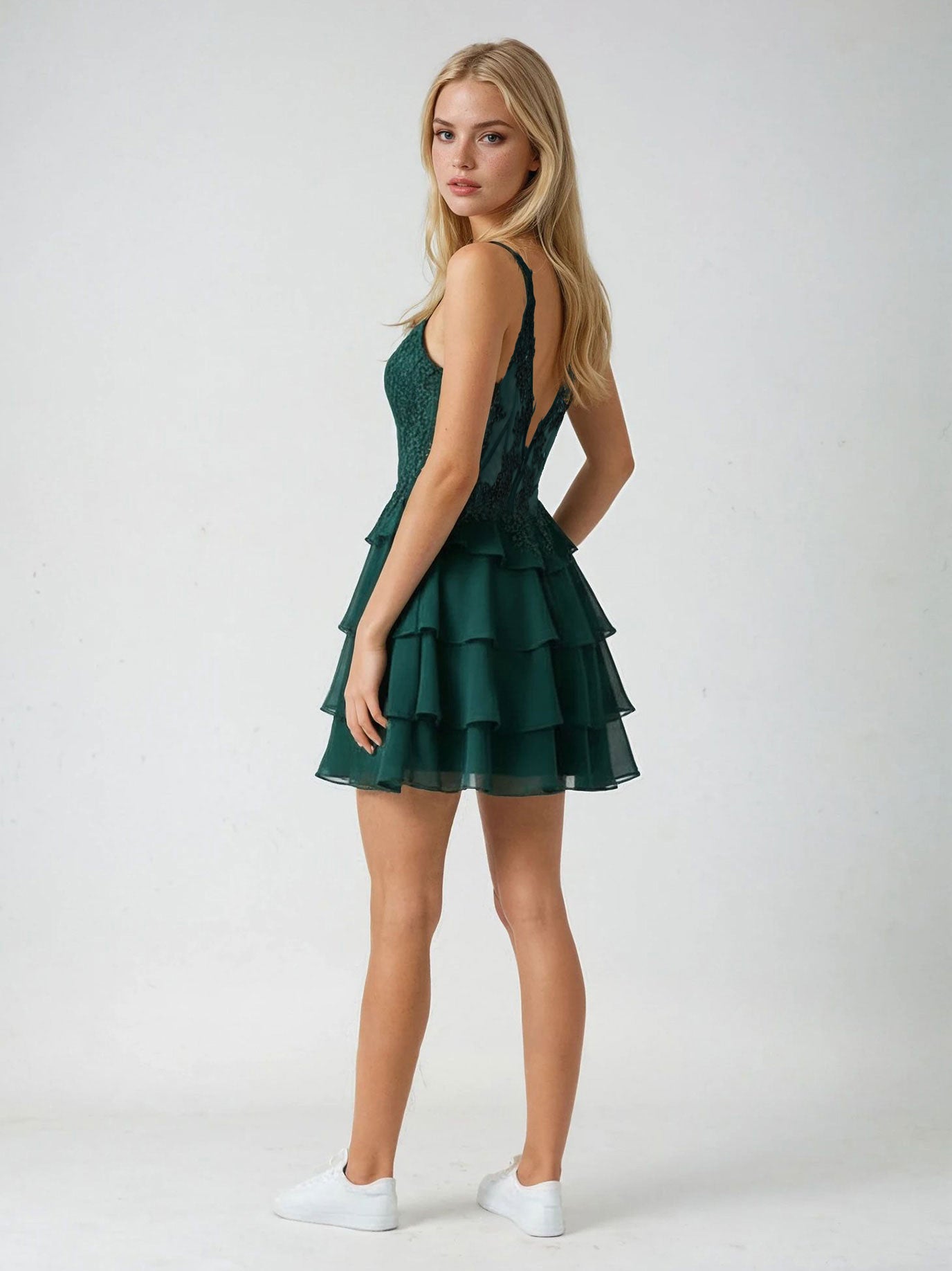 TIERED DRESS WITH ILLUSION BEADED BODICE