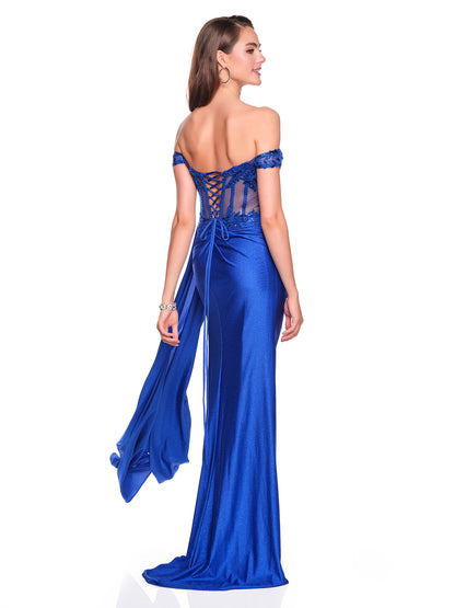 OFF THE SHOULDER CORSET DRESS WITH SIDE DRAPING SASH