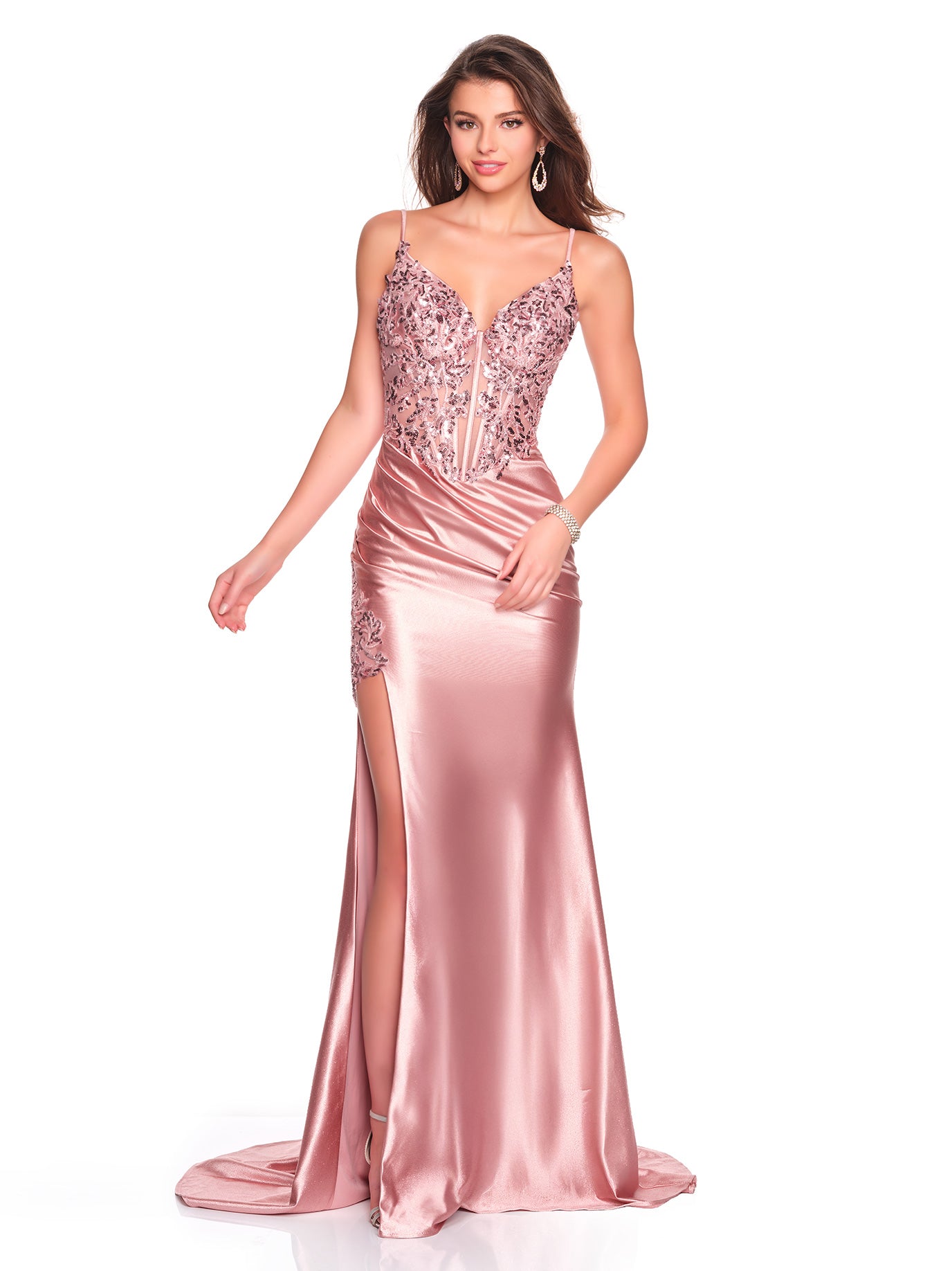 STRETCH FITTED DRESS WITH EMBELLISHED ILLUSION BODICE
