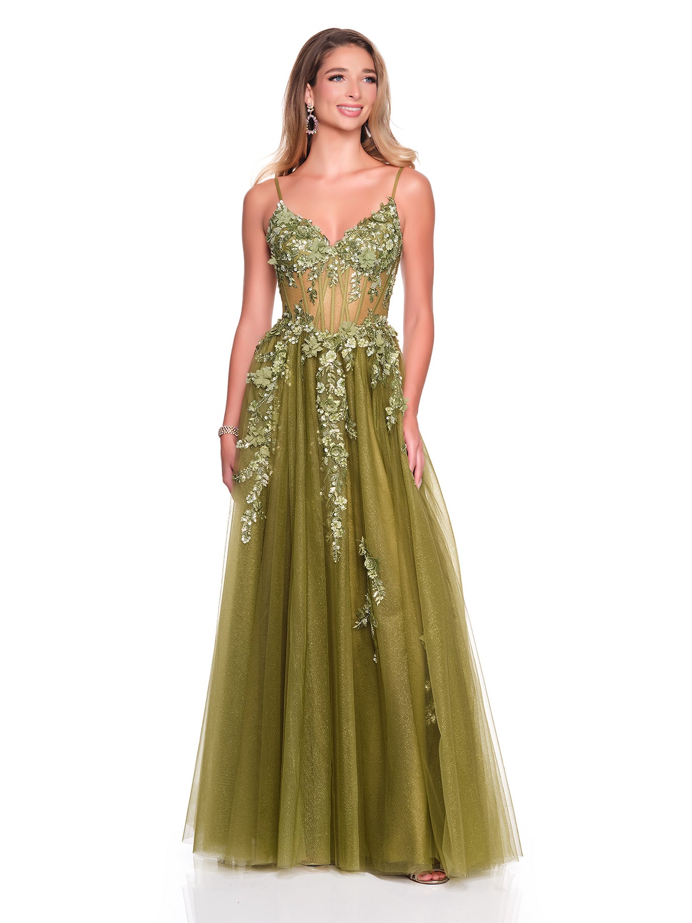 TULLE SHIMMER BALLGOWN WITH FLORAL APPLIQUES