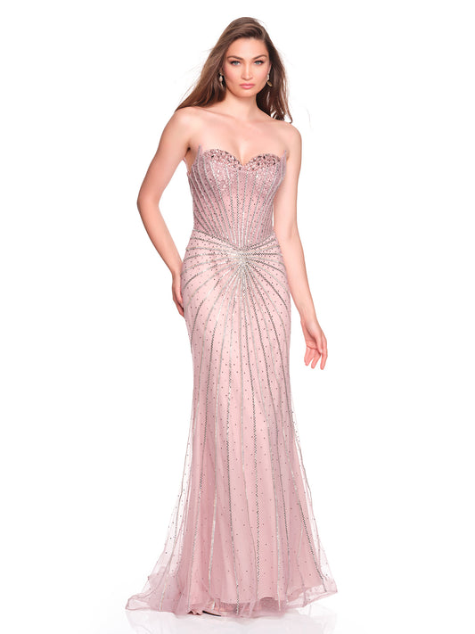 STRAPLESS DRESS WITH STONE AND BEAD APPLIQUES