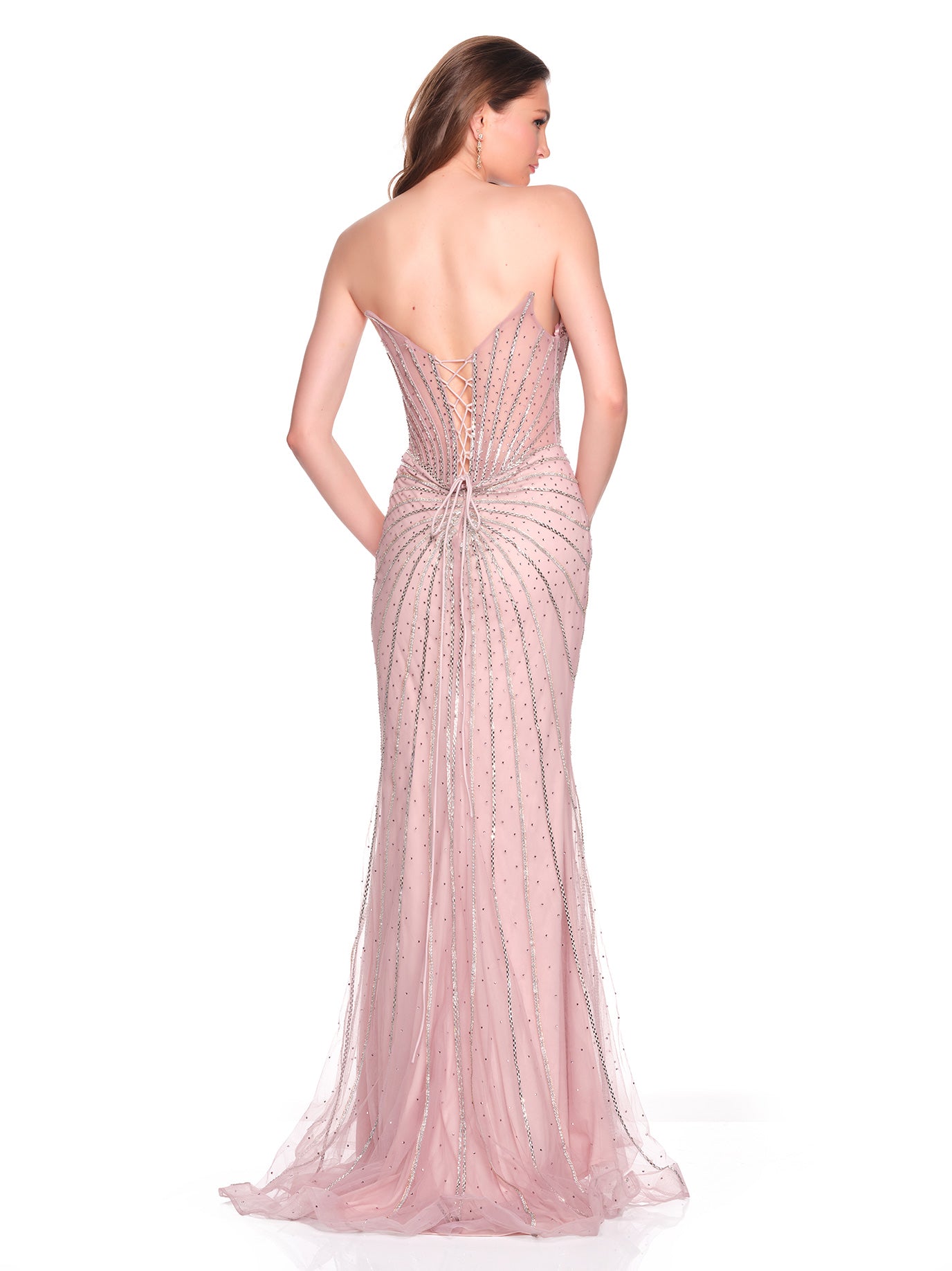 STRAPLESS DRESS WITH STONE AND BEAD APPLIQUES