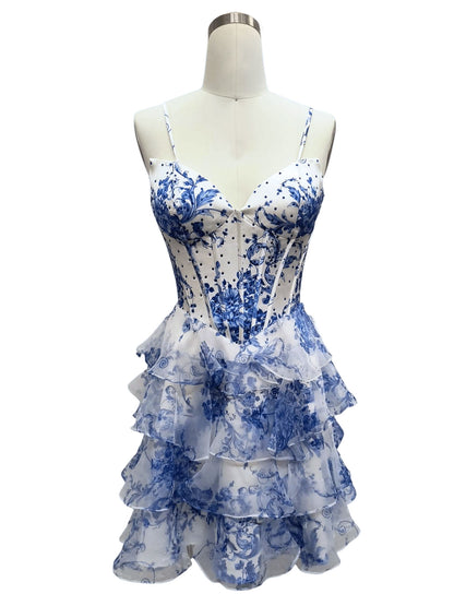 CORSET TIERED DRESS WITH BASQUE WAISTLINE AND DETACHABLE STRAPS