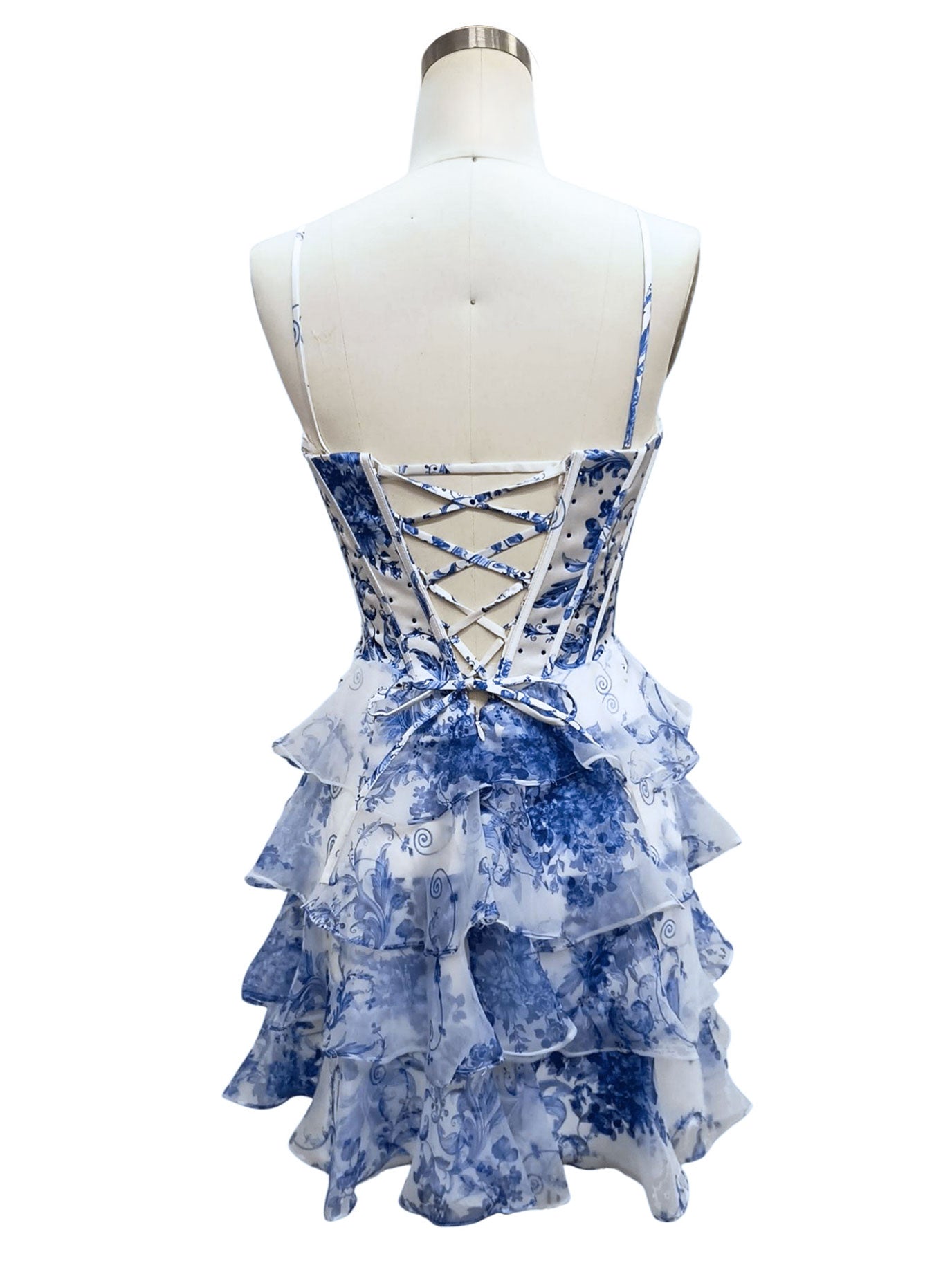 CORSET TIERED DRESS WITH BASQUE WAISTLINE AND DETACHABLE STRAPS