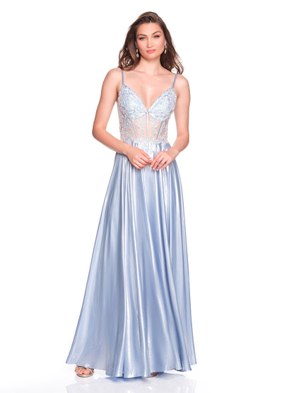 FLOWY SATIN DRESS WITH CORSET ILLUSION BODICE