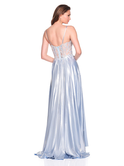 FLOWY SATIN DRESS WITH CORSET ILLUSION BODICE