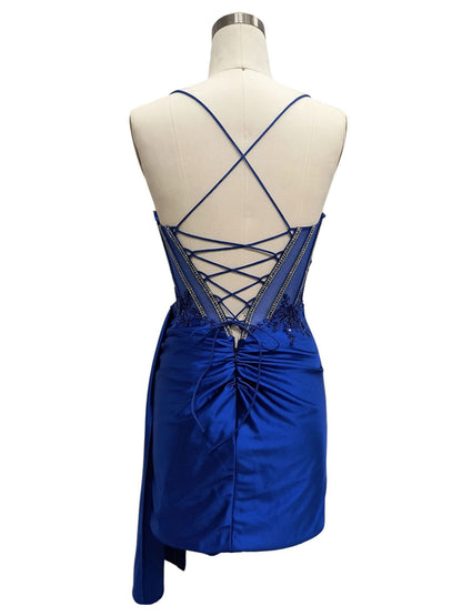 FITTED ILLUSION MINI DRESS WITH STONE ACCENTS AND SIDE SASH