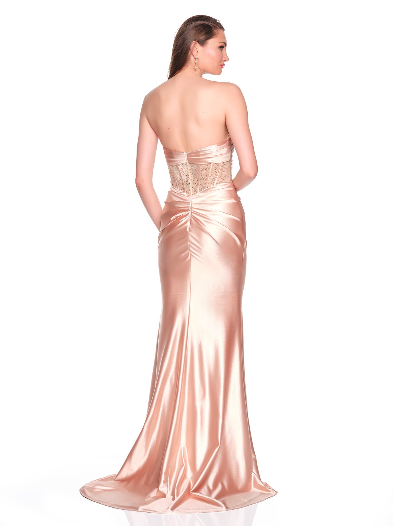 EMBELLISHED STRAPLESS GOWN WITH LACE UP BACK