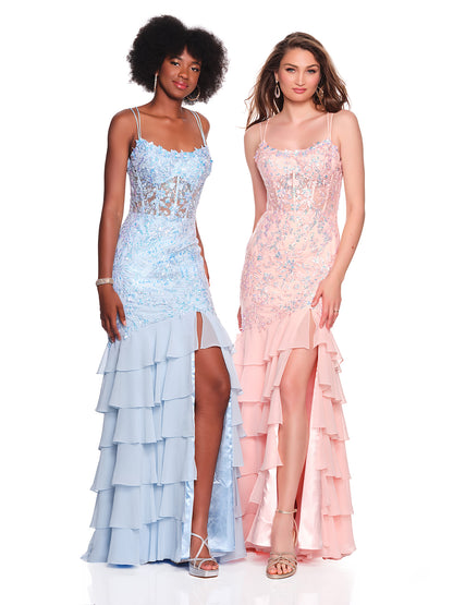 EMBELLISHED SOFT TIERED CHIFFON GOWN