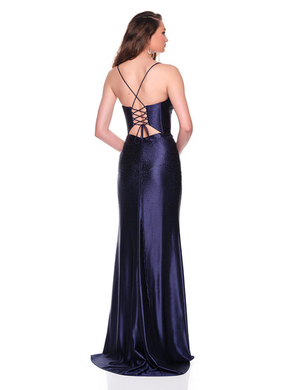 SHINY STRETCH DRESS WITH HOT STONE APPLIQUES