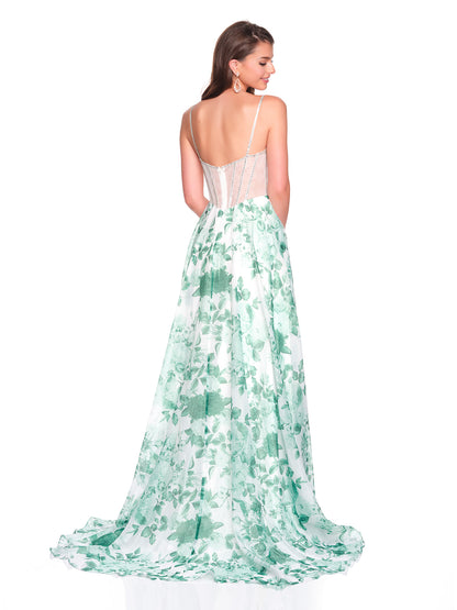 PRINTED FLOWY CHIFFON DRESS WITH ILLUSION BODICE