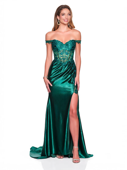 OFF THE SHOULDER CHARMEUSE DRESS WITH EMBROIDERED APPLIQUES