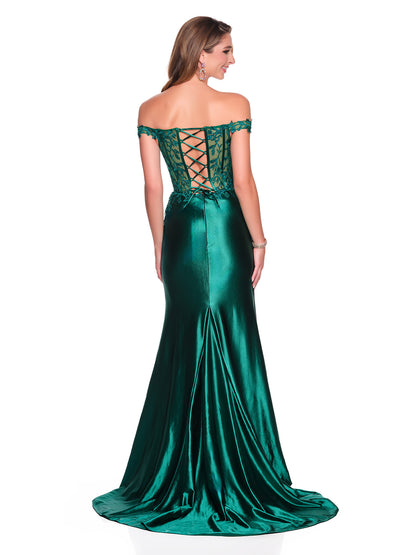 OFF THE SHOULDER CHARMEUSE DRESS WITH EMBROIDERED APPLIQUES