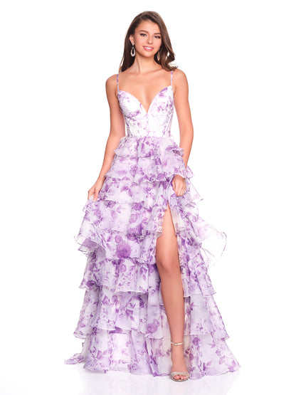 PRINTED TIERD DRESS WITH THIGH HIGH SLIT