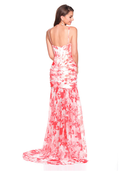 FITTED PRINTED CHIFFON DRESS WITH RUCHING DETAIL AND HIGH SLIT