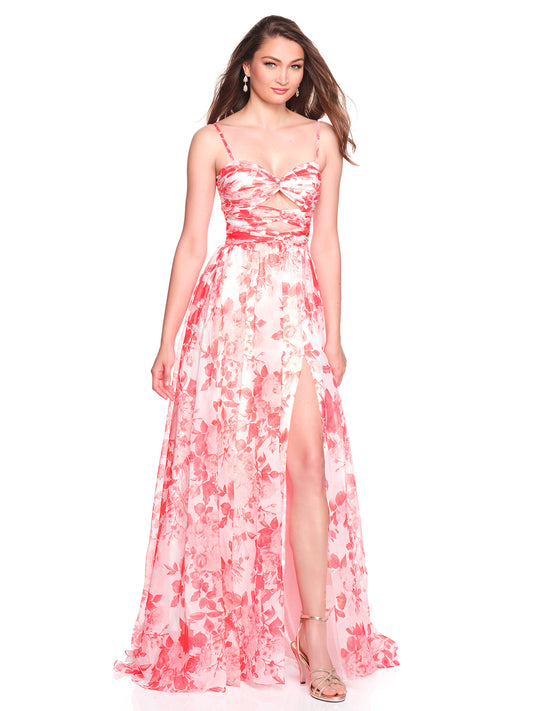 OPEN FRONT CUT OUT PRINT DRESS WITH HIGH SLIT