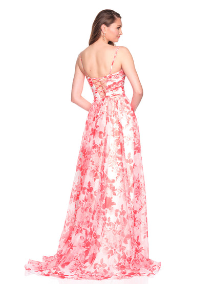 OPEN FRONT CUT OUT PRINT DRESS WITH HIGH SLIT